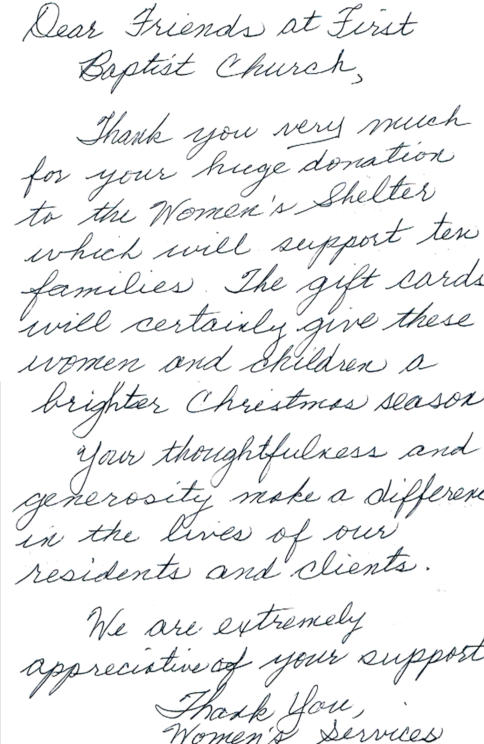 Handwritten note of thanks from Women's Services